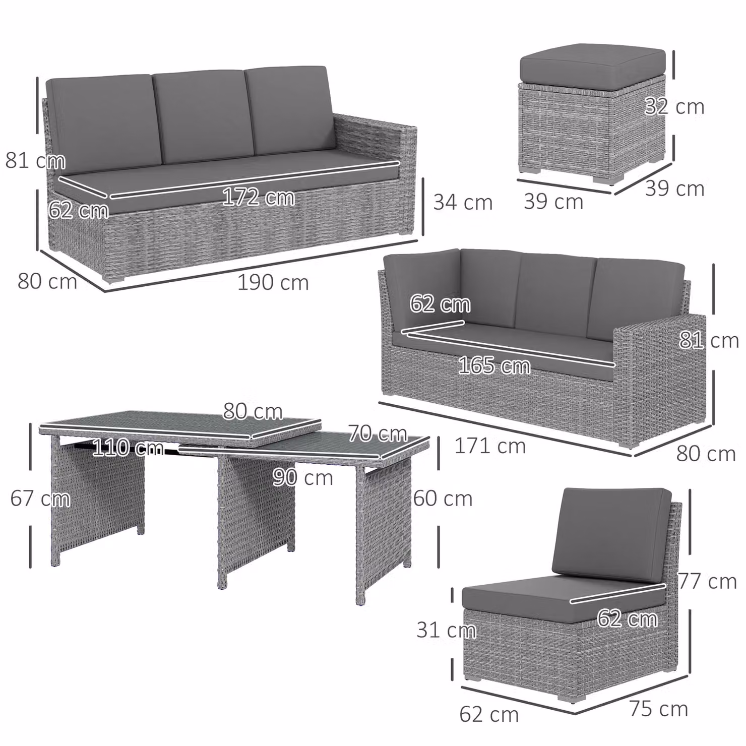 OUTSUNNY 10-Seater Sectional Garden Sofa Set with Cushioned Seats, Footstools and Glass Table in Light Grey – 3