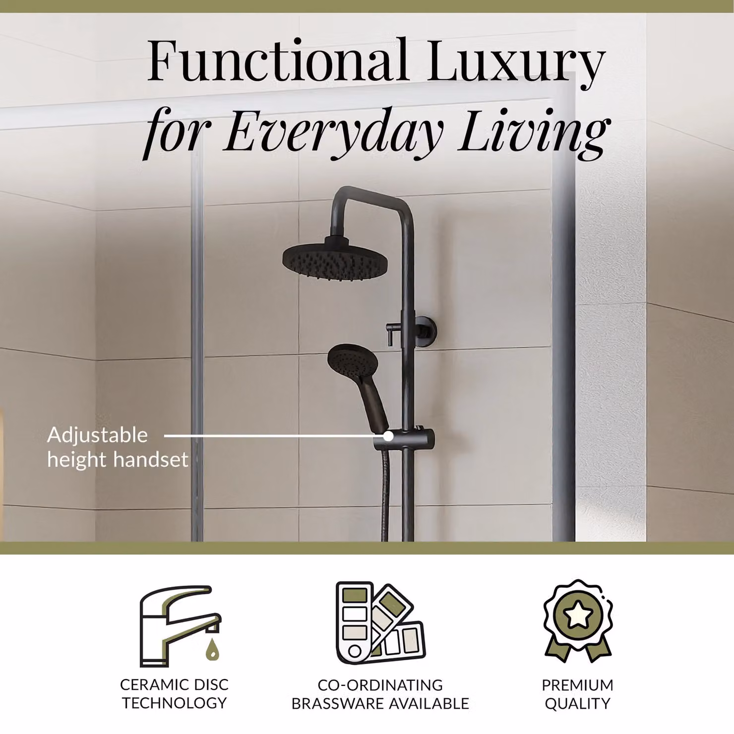Balterley Pride Matt Black Exposed Round Shower Kit with Fixed Overhead Shower, Adjustable Handset and Thermostat – 3