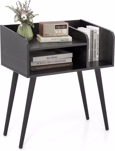 COSTWAY Mid Century Nightstand End Table with Open Shelves in Black Metal