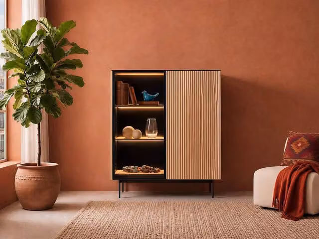 Vente-unique 2-Door Modern Display Cabinet with Integrated LED Lighting in Black MDF and Glass, Height: 127 cm – 1