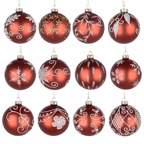 Shatchi 12-Piece Set of Glass Christmas Baubles in Red, White and Gold with Floral and Abstract Designs, Diameter: 8 cm