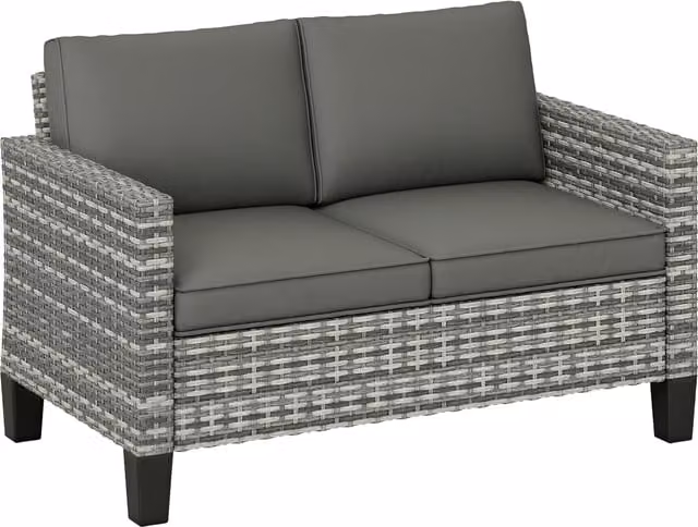 Outsunny Two-Seater Rattan Outdoor Sofa in Grey with Upholstered Cushions and Powder Coated Steel Frame – 1