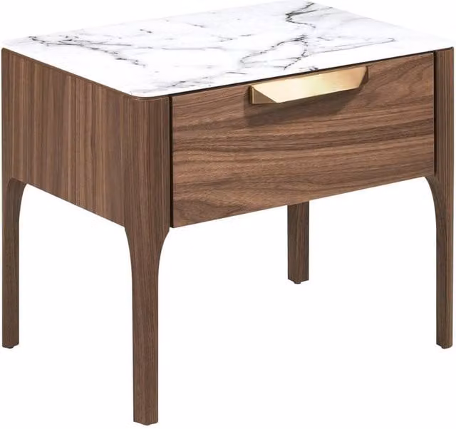 Angel Cerda Walnut Bedside Table with Imitation Marble Glass Top in Brown, White or Grey