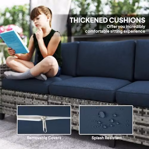 Outsunny 6 Piece Rattan Garden Furniture Set with 5 Seater Upholstered Seating and Coffee Table in Blue – 6