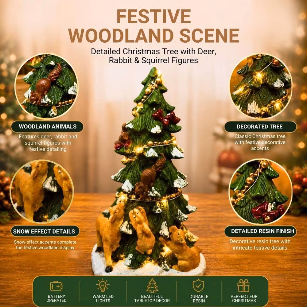 Shatchi Multicolour LED Resin Woodland Deer Scene Tabletop Decoration, Height: 27 cm – 5