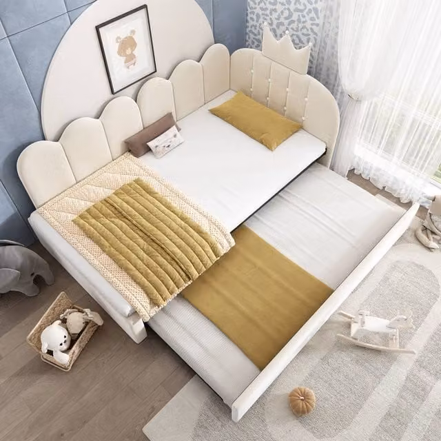 Merax Crown Upholstered Single Daybed with Pull Out Trundle Bed in Beige – 1