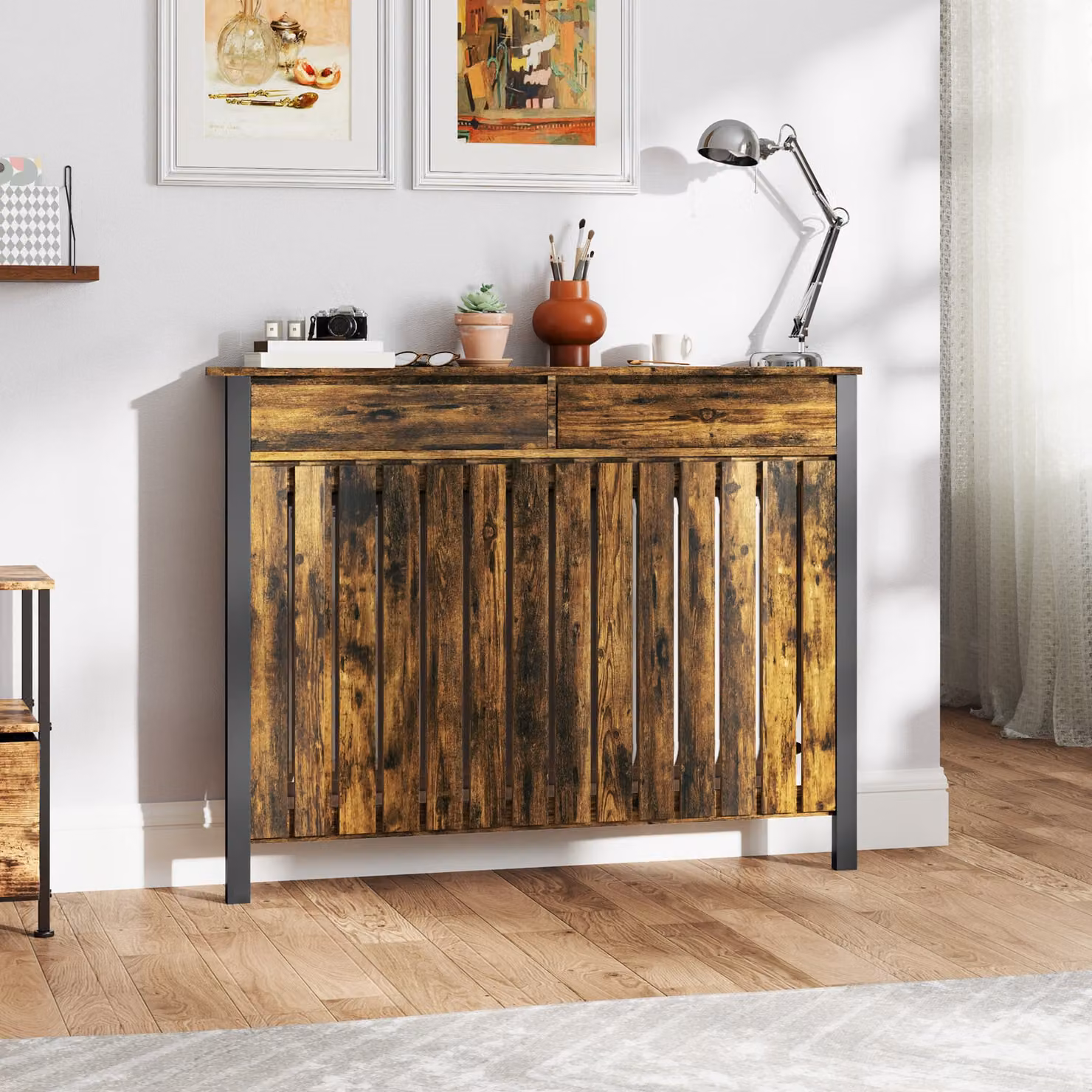 HOMCOM Rustic-Look Industrial Radiator Cover in Brown and Black, W: 93 cm, H: 119 cm – 2