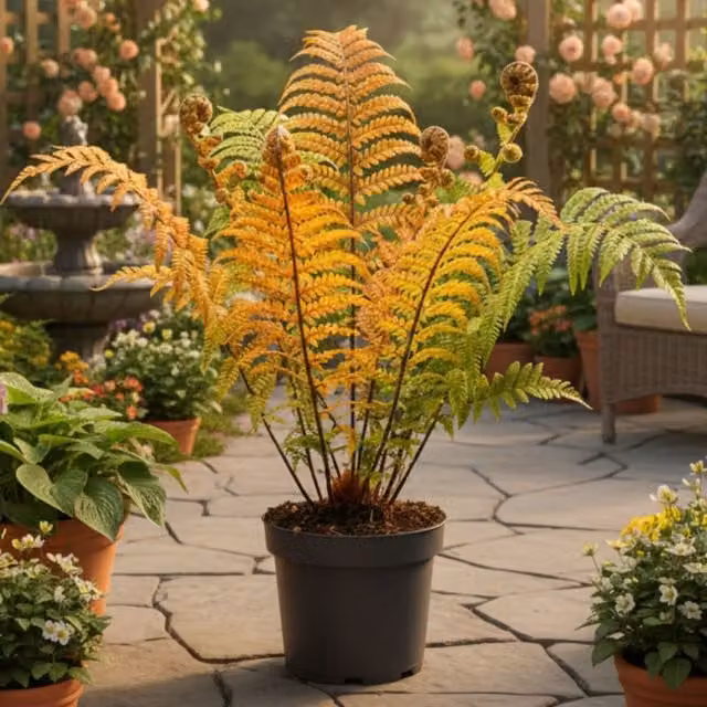 Plants By Post Dryopteris Jurassic Gold Fern in a 3L Pot, Golden-Orange and Green