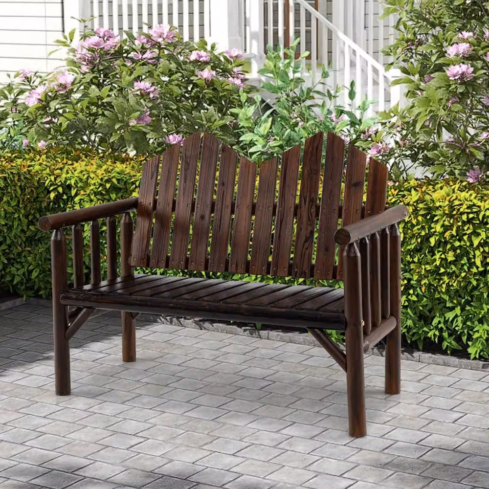 Costway 2-Seater Solid Pine Wood Patio Bench Loveseat with Inclined Backrest in Brown – 8
