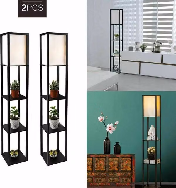 EONLION Modern Black Metal Floor Lamp with Shelf Storage