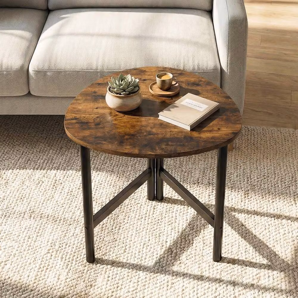 FORGEVIO Industrial Round Coffee Table in Brown with Metal and Wood Construction – 4