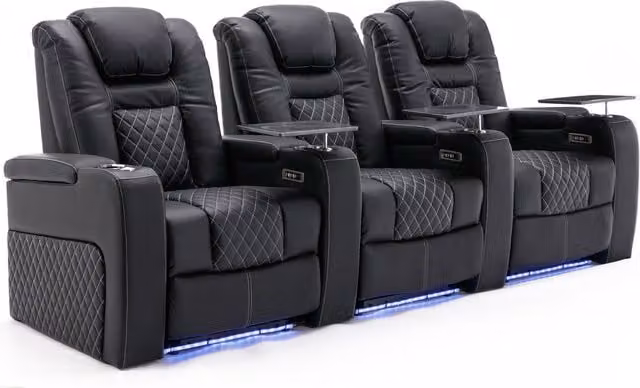 More4Homes Broadway Electric Recliner Cinema Chair with Tray in Black, White and Blue Synthetic Leather