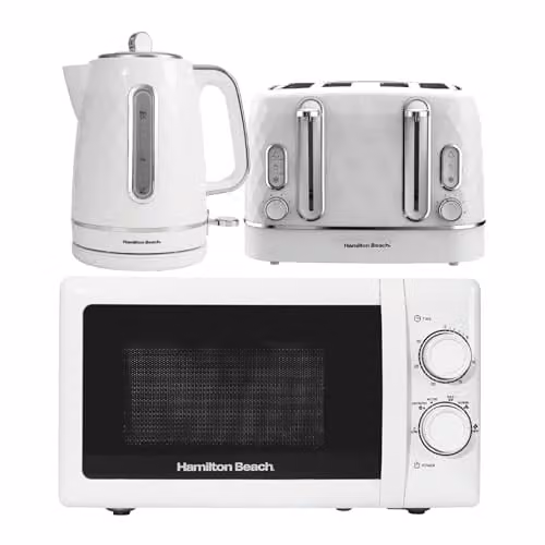 Hamilton Beach Diamond Kitchen Set in White featuring 1.7L Kettle, 4 Slice Toaster and 20L 700W Microwave with Stainless Steel Cavity