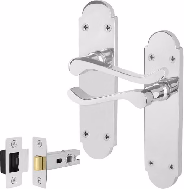 AFIT Polished Chrome Door Handles with Latch, 1 Pair of Silver Backplate Handles, W/D/H: 15 x 15 x 1.5 cm – 1