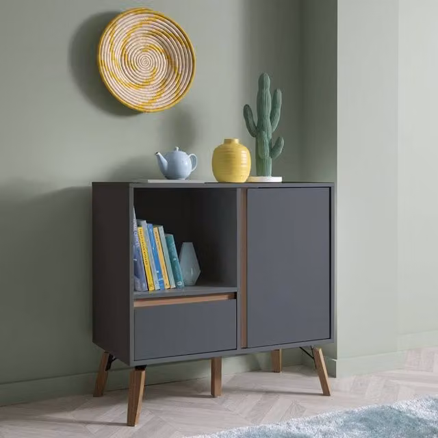 Otto Mid-Century Small Sideboard with Drawer in Matt Grey