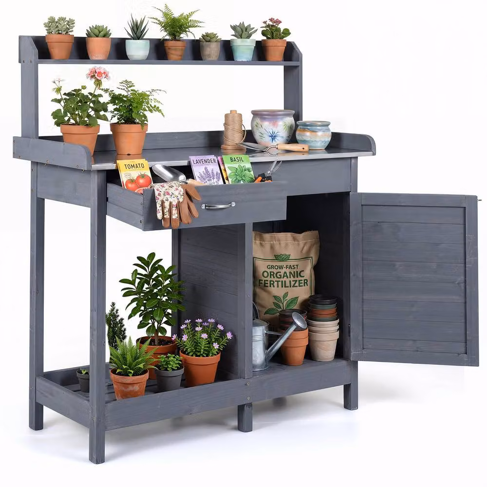 Costway Grey Wooden Garden Potting Bench Table with Lockable Cabinet and Stainless Steel Accents – 5