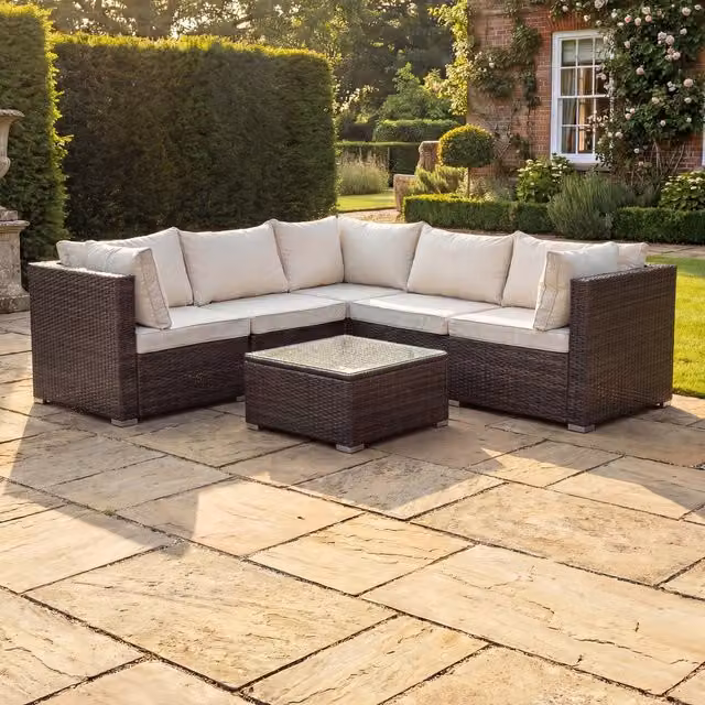 Artemis Home Oliena 5 Seat Modular Rattan L-Shaped Corner Garden Furniture, Brown, W/D/H: 202 x 72 x 67 cm