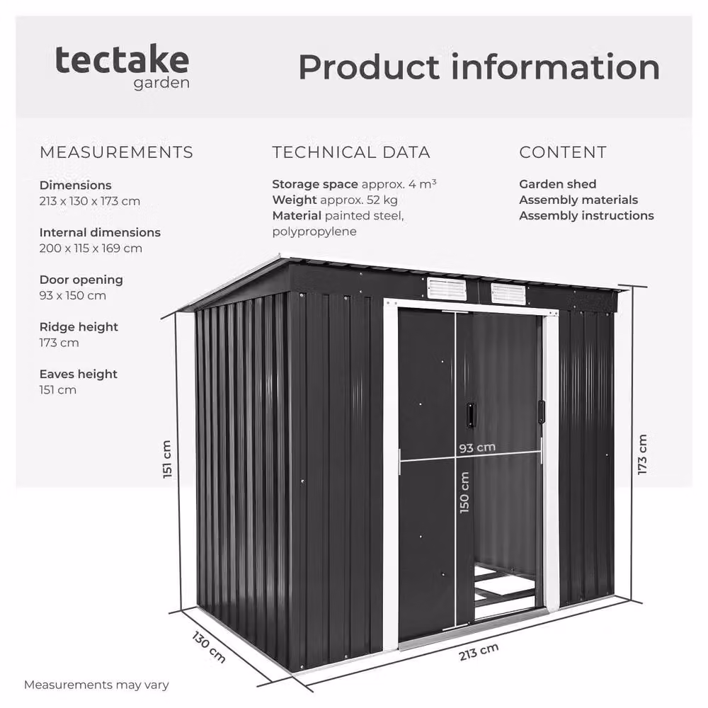 tectake Multicolour Metal Shed with Gable Roof and Sliding Doors, W/D/H: 213 x 130 x 173 cm – 6