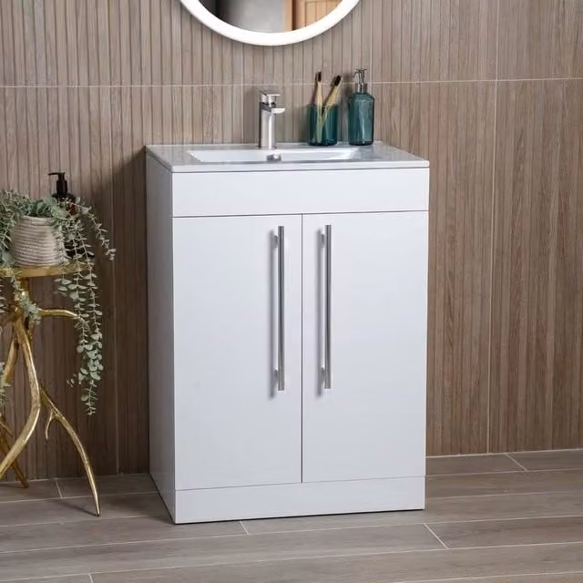 PAWNORA Modern Freestanding White Glossy Bathroom Vanity Unit Width: 61.5 cm