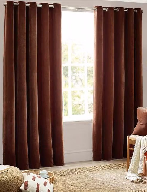 YARD Brown Chenille Velvet Eyelet Curtains, Opaque, W: 218 cm, H: 183 cm