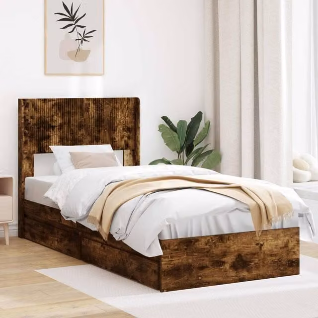 Berkfield Home Modern Bed Frame with Headboard and Side Compartment Storage, Smoked Oak, Brown, W: 100 cm, L: 200 cm