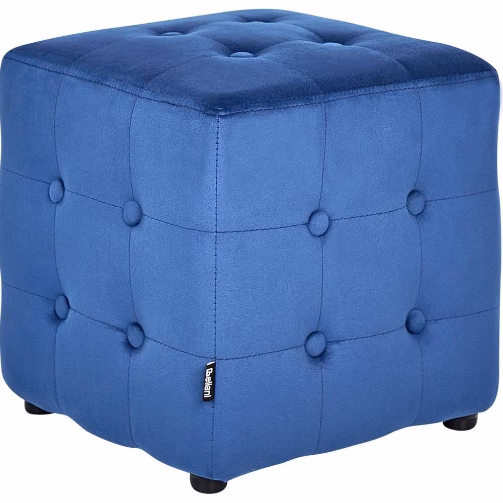 Wyld and Coco Blue Velvet Button Tufted Cube Pouffe Footstool – 2
