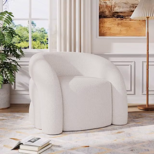 Komore Modern White Bouclé Fabric Tub Lounge Chair with Armrests