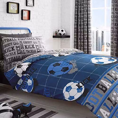 Bedlam Reversible Football Graphic Childrens Polycotton Duvet Cover Set, Blue, 200 x 200 cm – 2