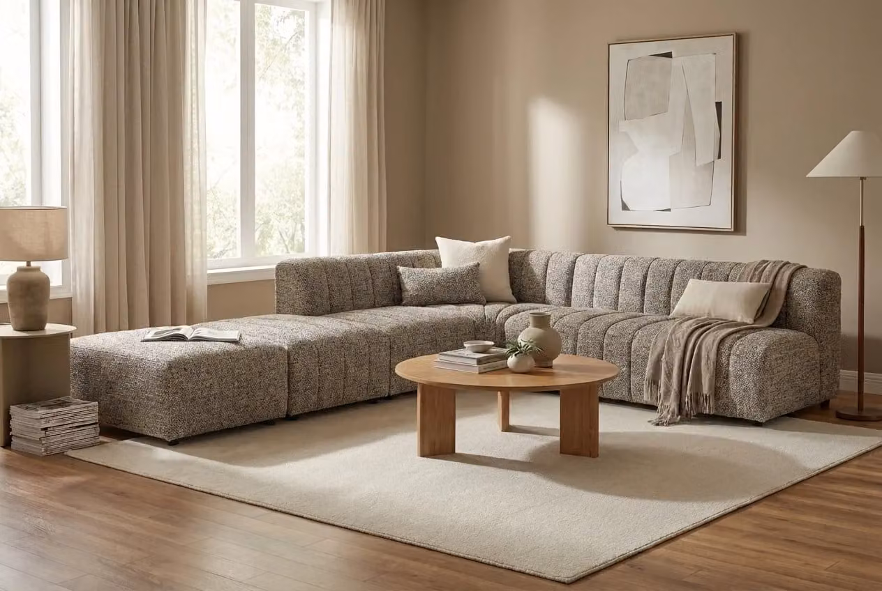 Araco Atelier Leo Left-Facing L-Shape Corner Sofa in Beige and Grey Bouclé Fabric