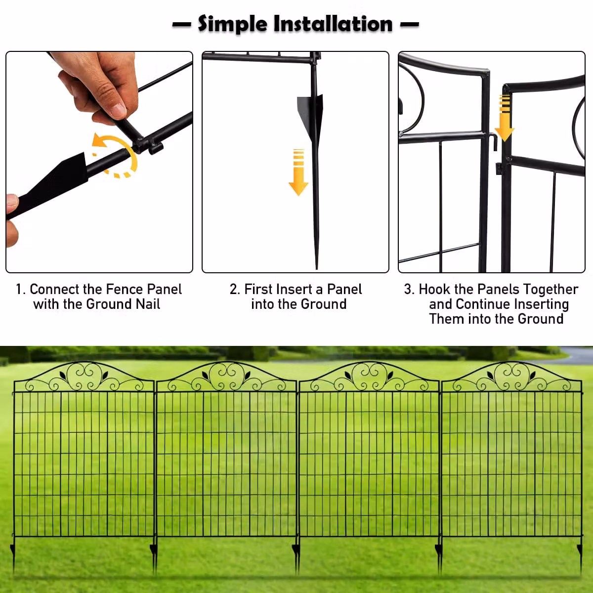 Costway 4 Panel Steel Decorative Garden Fence, Black Folding Wire Patio Fencing – 3
