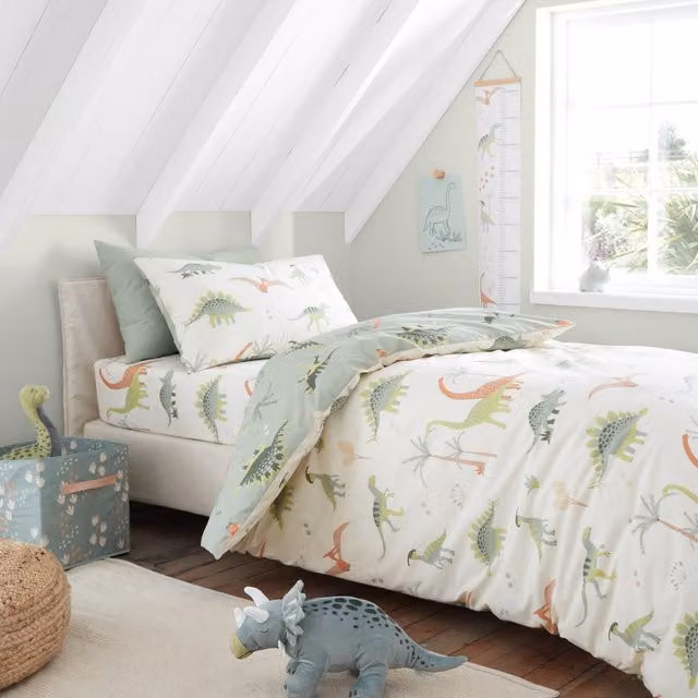 Chapter B Dinosaurs Reversible Duvet Cover Bedding Set in Green, Beige and White