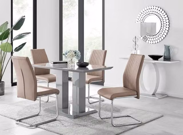 FurnitureboxUK Imperia Grey High Gloss Rectangular Dining Table with 4 Beige Faux Leather Chairs