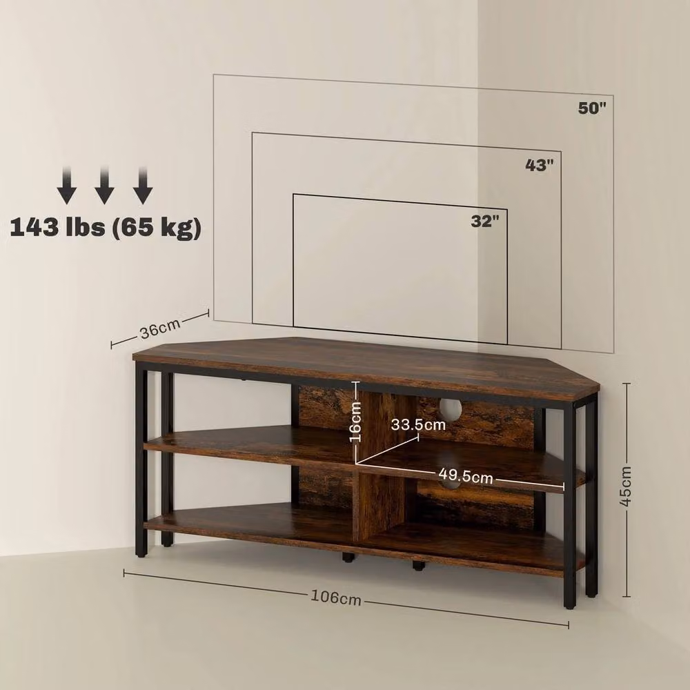 EONLION Industrial Corner TV Stand Cabinet in Brown and Black with Media Compartments – 2