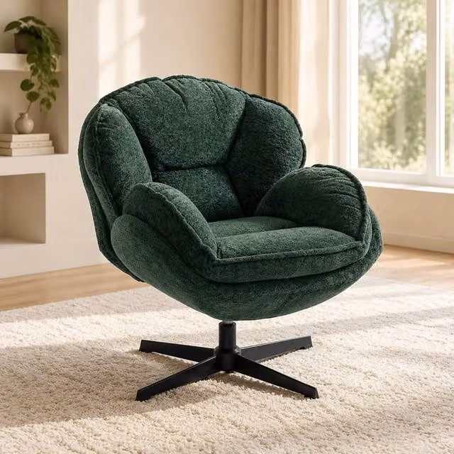 STILVORA Modern Green Velvet Wingback Armchair with 360 Degree Swivel and Black Metal Frame