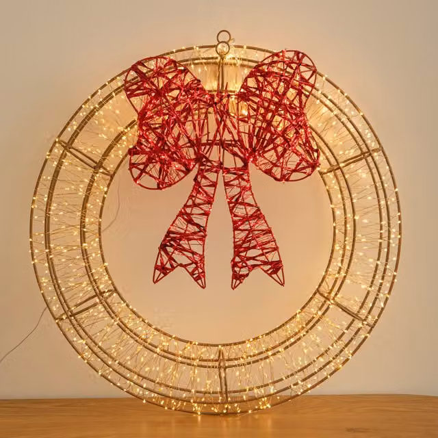 Samuel Alexander Galaxy Christmas Light Up Decoration Wreath with 1440 Warm White LEDs, Diameter: 50 cm, Gold/Brass and Red