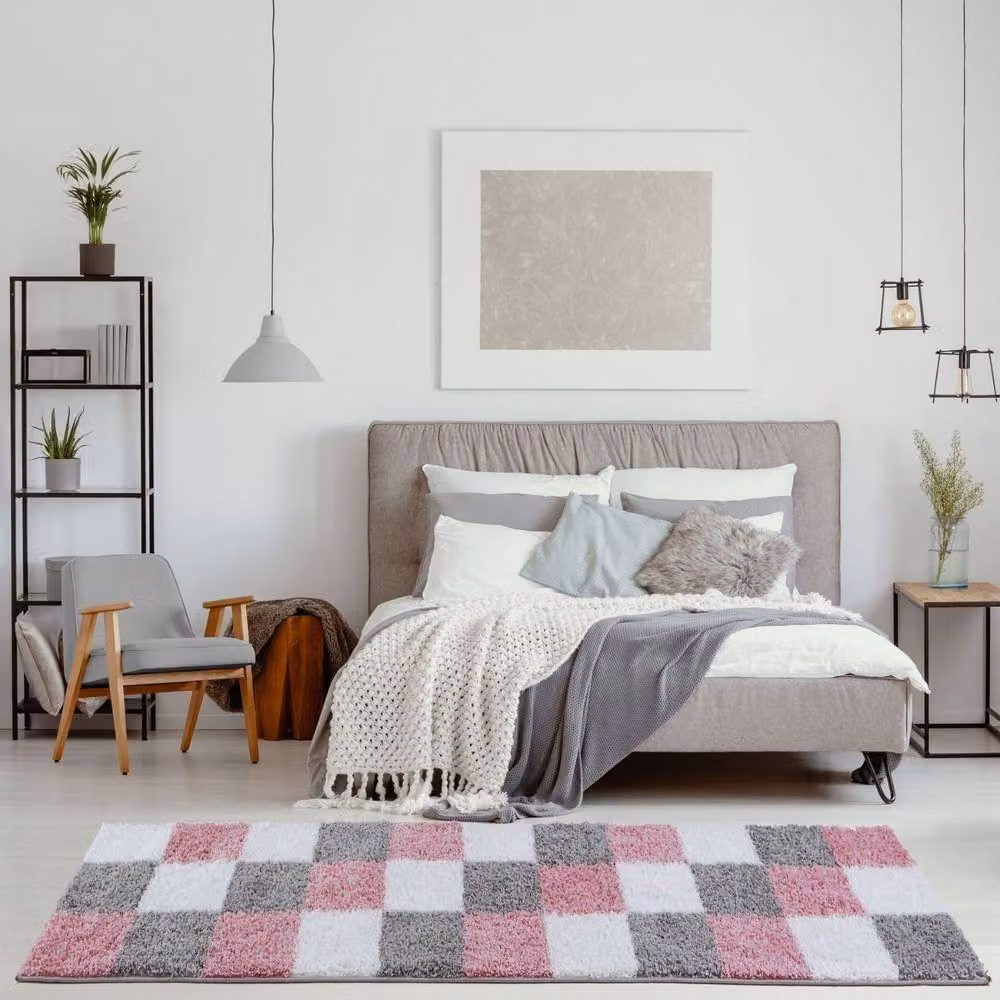 THE RUGS Modern Checked High Pile Shaggy Square Area Rug, Pink and Grey, W/D/H: 120 x 120 x 1 cm – 5