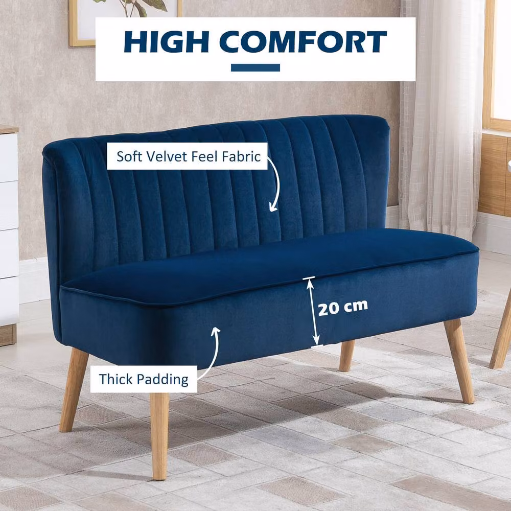 HOMCOM 2 Seater Velvet Upholstered Double Sofa with Foam Padding and Solid Wood Frame in Blue – 3