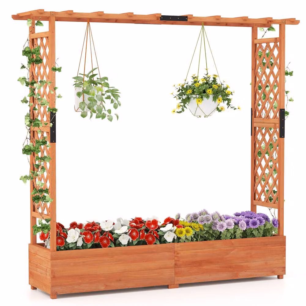 Costway Wooden Raised Garden Bed Planter Box with Trellis in Brown, W/D/H: 182.0 x 174.0 x 41.0 cm – 3