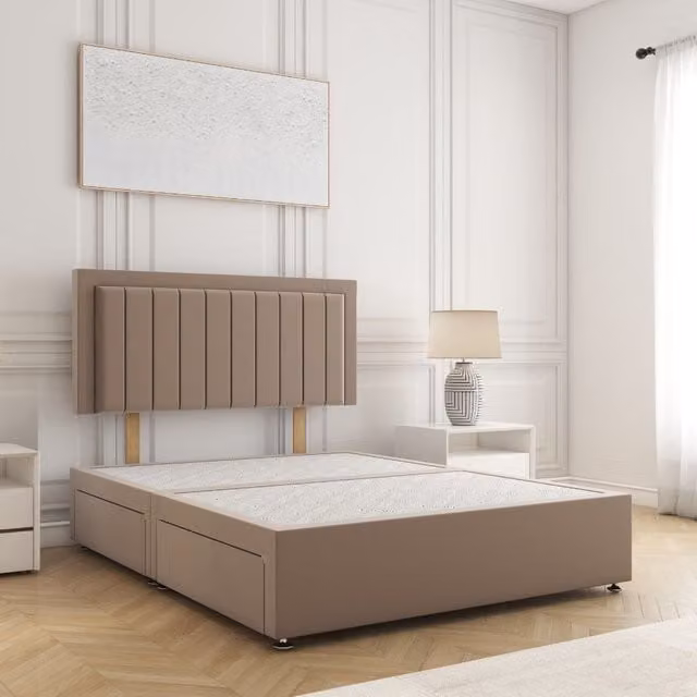 BSSPOKE Zarah King Size Divan Bed in Bronze Plush Velvet with 2 Same Side Drawers and Headboard