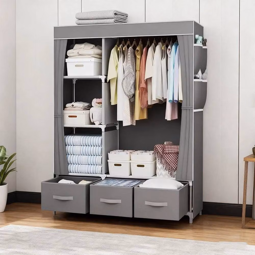 KORVIXA Modern Grey Fabric Canvas Wardrobe, W/D/H: 105 x 45 x 165 cm – 2