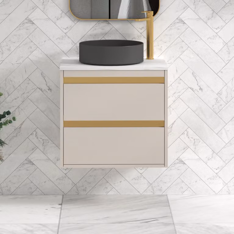 Royal Bathrooms Orion 800mm Warm Taupe Wall Hung Countertop Vanity Unit with 2 Drawers, Art Round Basin and Brushed Brass Accent Trim