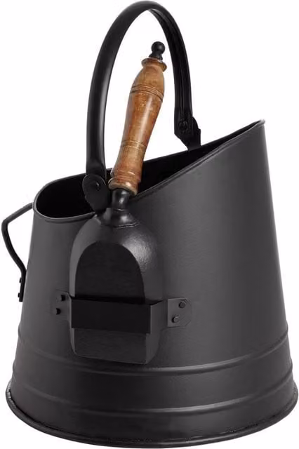 KDMD Black Steel Coal Bucket with Teak Wood Handle Shovel Fire Tool Set