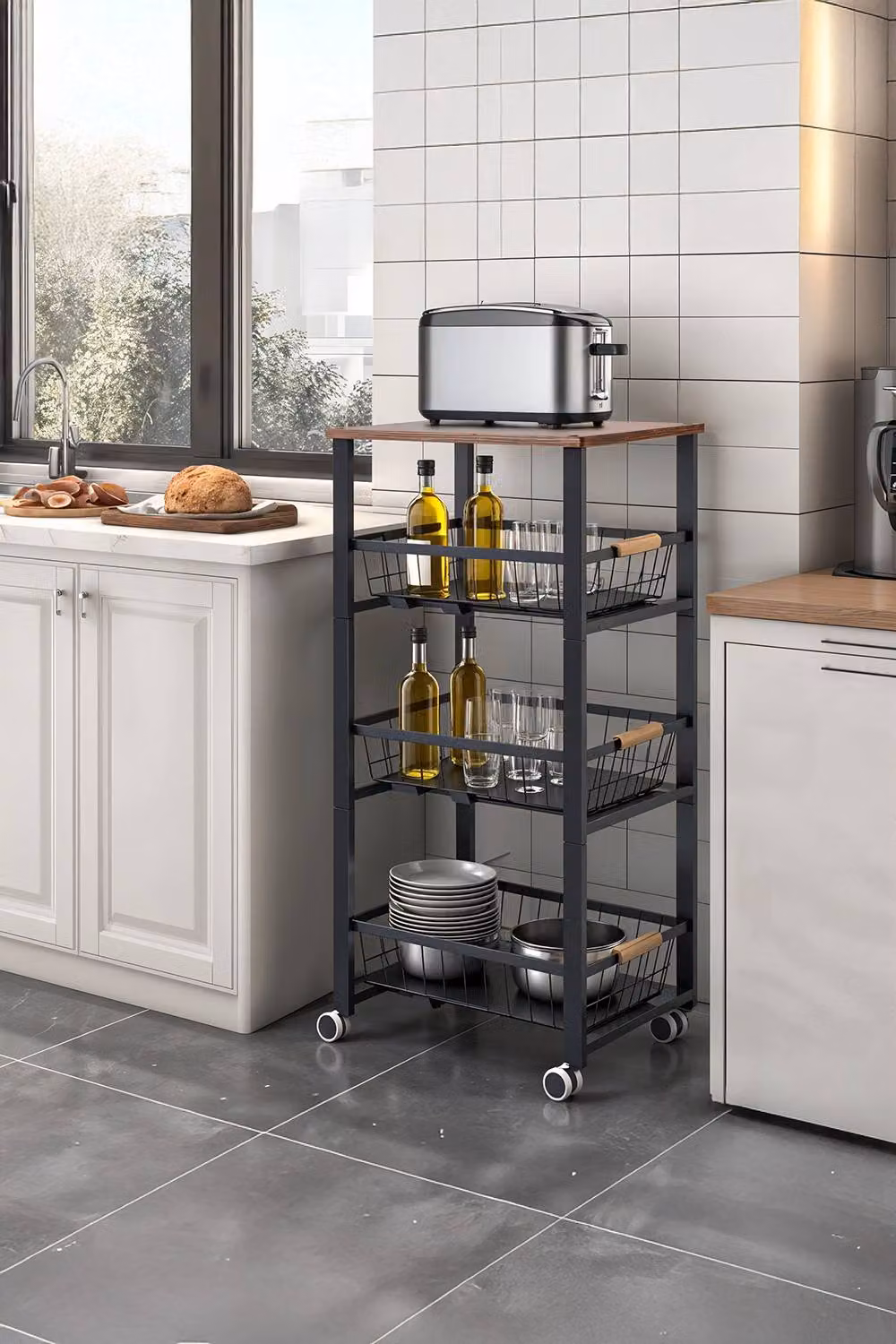 Living and Home 4-Tier Narrow Kitchen Storage Trolley with Pull-Out Metal Baskets in Matt Black – 3