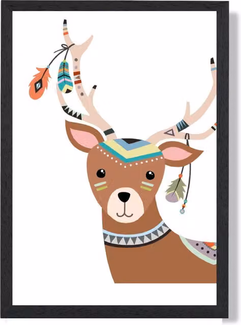 ARTZE Peeking Deer Tribal Animal Framed Print, Multicolour, Black Frame