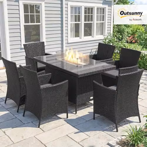 Outsunny 7 Piece Rattan Garden Furniture Set with Fire Pit Table in Black – 2