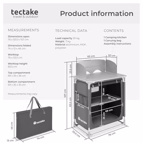 tectake Portable Camping Kitchen in Grey with Aluminium Frame, 2 Shelves, 3 External Pockets, Heat-Resistant Worktop and Zipped Door, W/D/H: 107 x 53.5 x 76 cm – 2