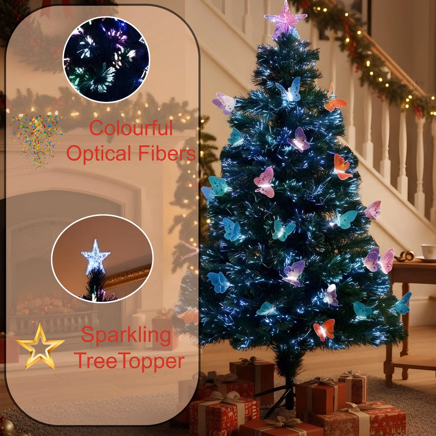 Shatchi Green Butterflies Fibre Optic LED Pre-Lit Christmas Tree with Multicolour Lights, Height: 120 cm – 8