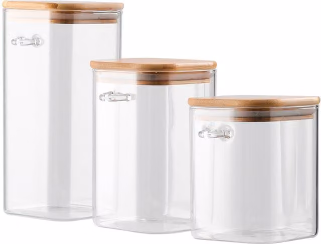 Livingandhome Set of 3 Transparent Glass Airtight Storage Jars with Bamboo and Silicone Spoons in White