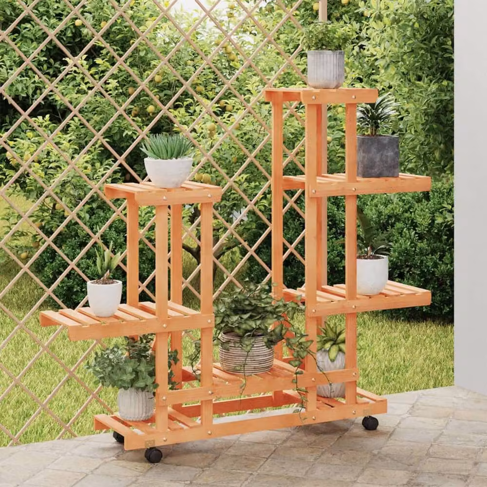 Berkfield Home Retro Flower Stand with Wheels in Brown Solid Wood, W/D/H: 95 x 25 x 101 cm – 2