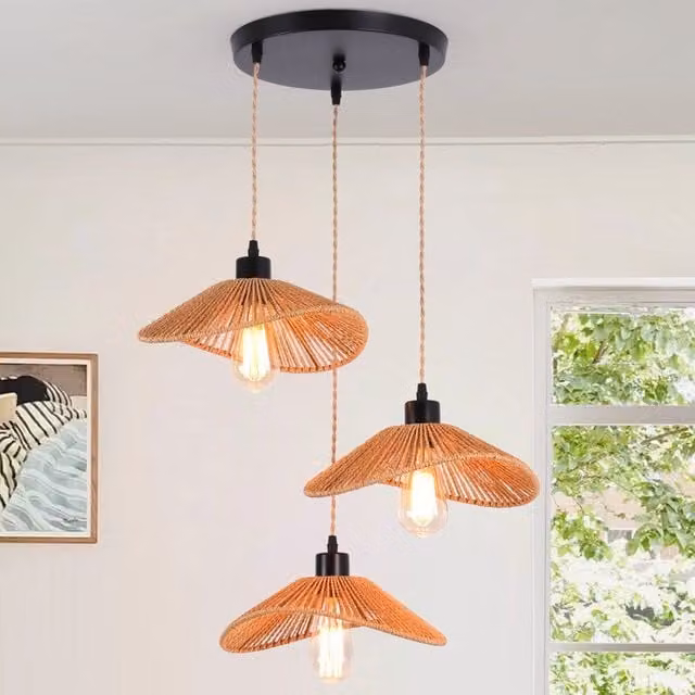 Garwarm 3-Light Rattan Farmhouse Boho Cluster Pendant Light in Bronze – 1
